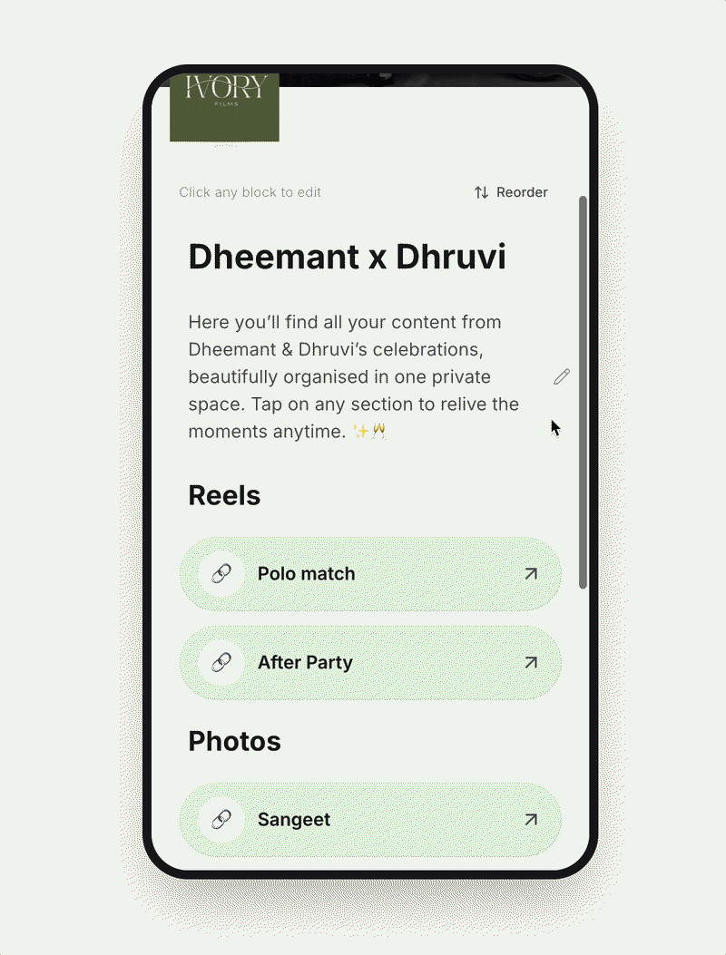 Inline editing interaction inside the project preview.